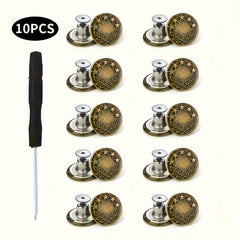 10pcs No Sewing Metal Jeans Buttons Kit 17mm Nailless Removable Jean Buttons