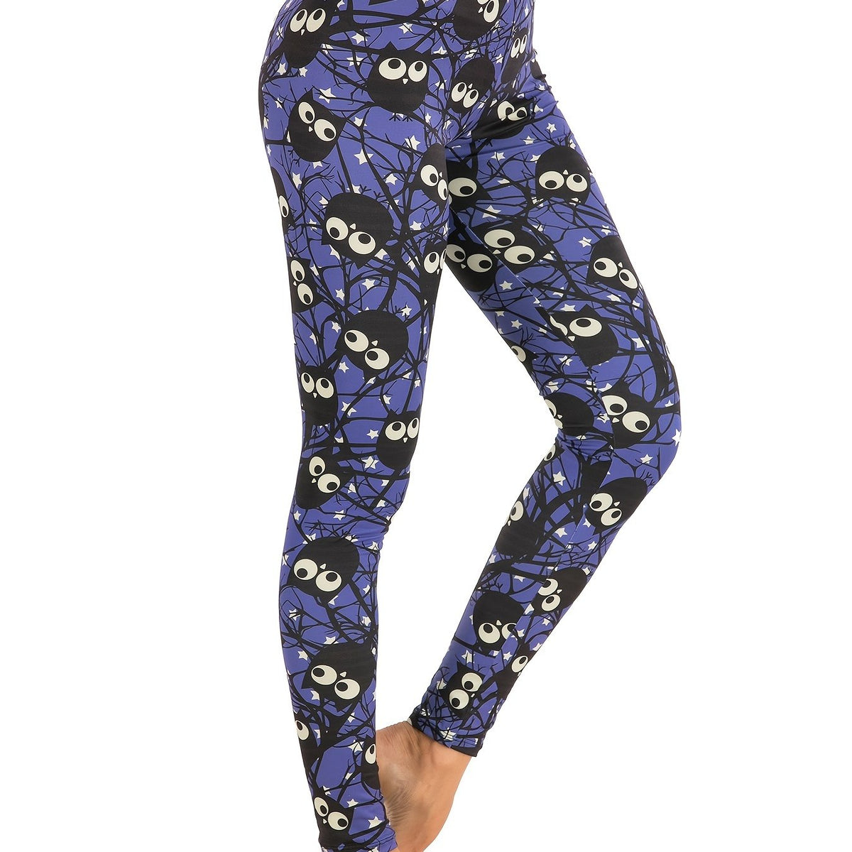 Cartoon Owl Print High Waist Leggings Skinny Stretchy Long Length