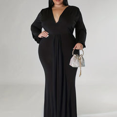  Sexy Dress Solid Lantern Sleeve V Neck High Split Maxi Dress