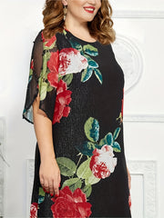 Floral Print Mesh Midi Dress with Ruffle Trim
