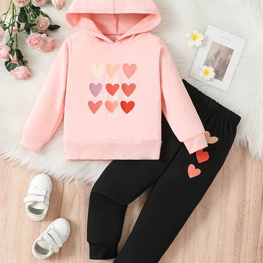 Girl's Heart Print Hoodie and Sweatpants Set Spring Fall Clothes