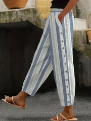  Stripe Print Button Decor Elastic High Rise Loose Fit Trousers
