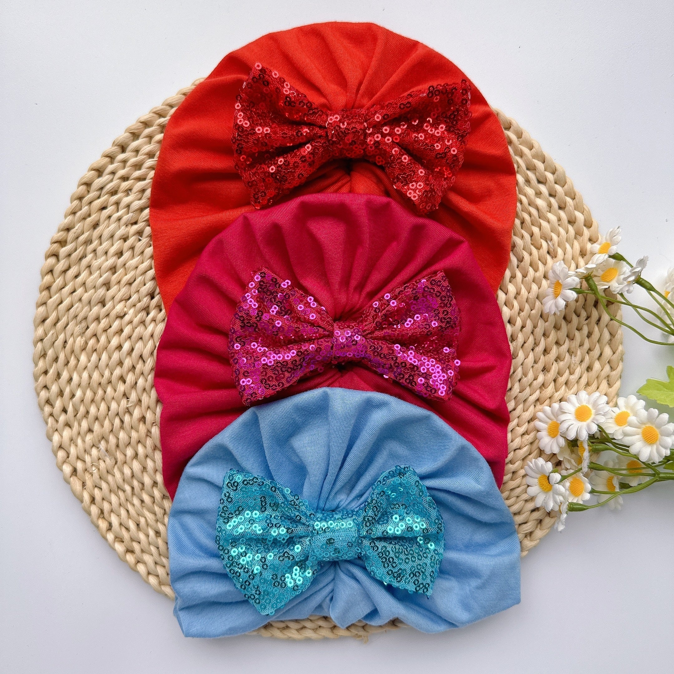 Sequin Bowknot Turban Baby Girls Soft Elastic Headband
