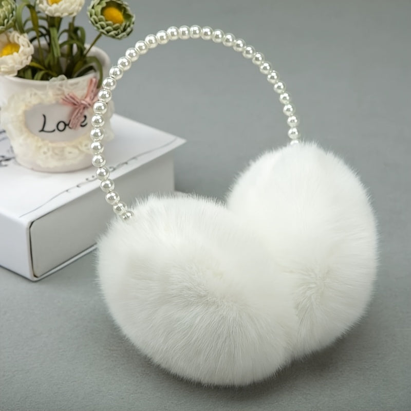 Women's Beige Pearl Winter Earmuffs Soft Fleece Lined Headband