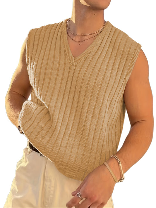Men's Retro Style V Neck Knitted Vest in Stripe Textured Pattern