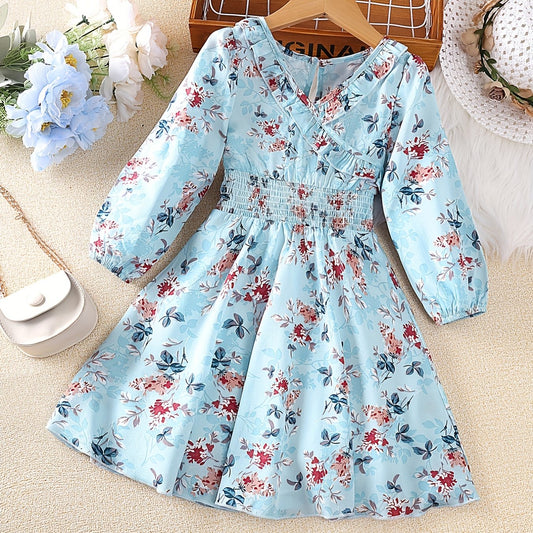 Girls Shirred Waist V Neck Flowers Dress for Spring and Autumn