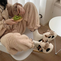 Women's Cartoon Cow House Slippers Warm Plush Lined Home Slippers