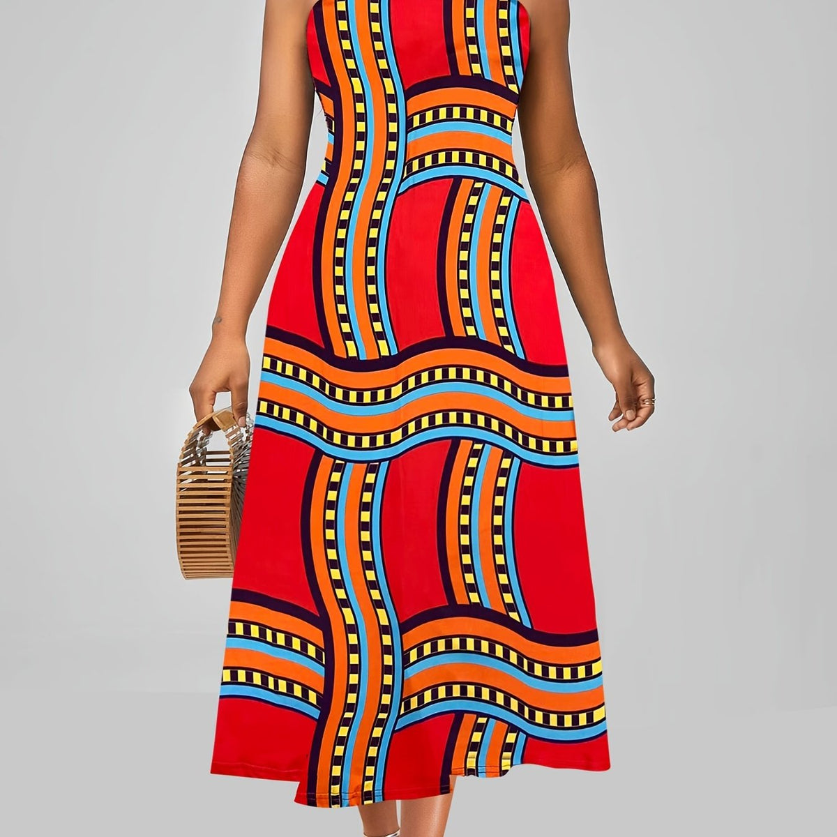  Graphic Print Cut Out Halter Neck Midi Tank Dress