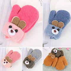 Bear Cartoon Gloves Kids Winter Knitted Double layered Thickened Gloves