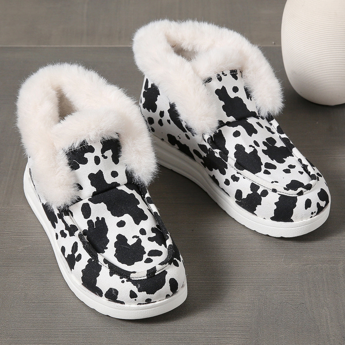 Cow Print Snow Boots Warm Plush Lined Slip On Flat Shoes