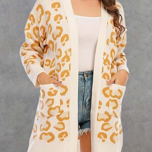  Leopard Print Open Front Cardigan With Pockets