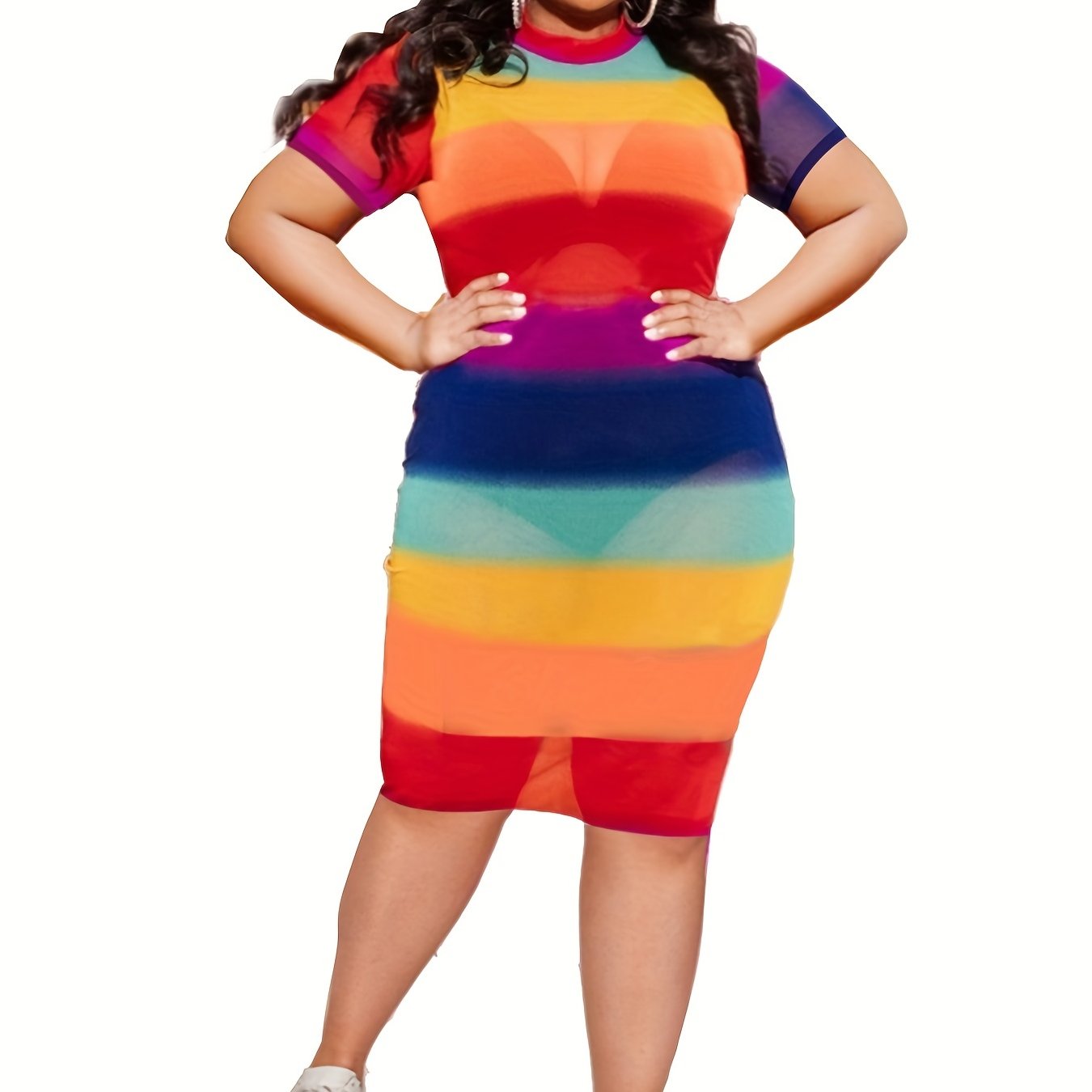 Colorblock Stripe Round Neck Sheer Fit Dress
