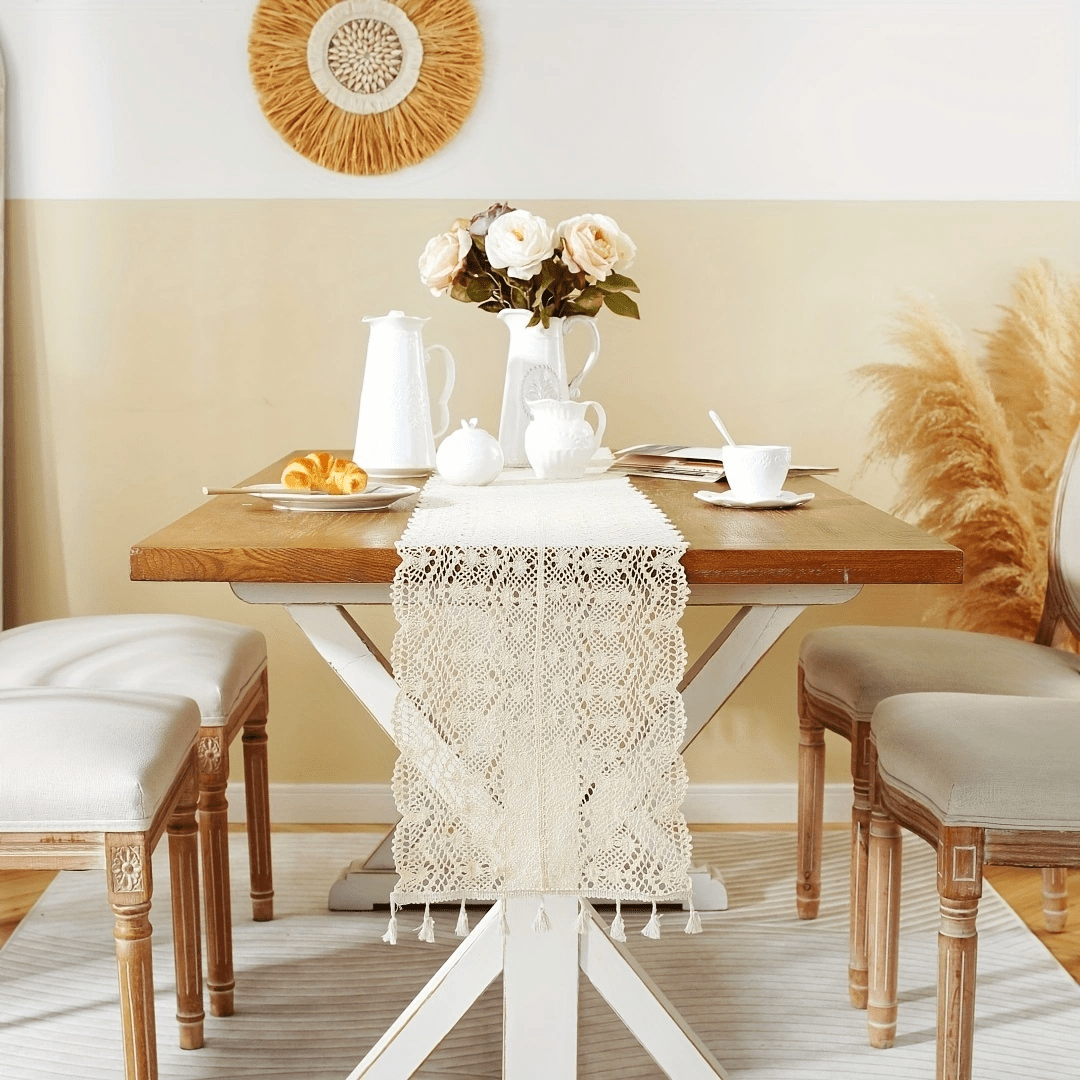 American Crochet Lace Table Runner Beige Cover