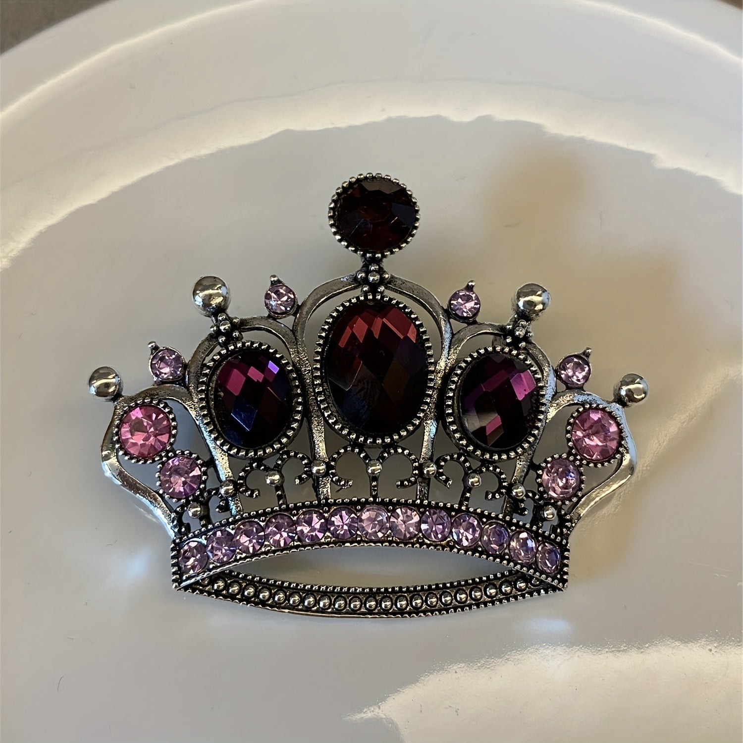 Vintage Purple Rhinestone Crown Brooch for Men Unisex