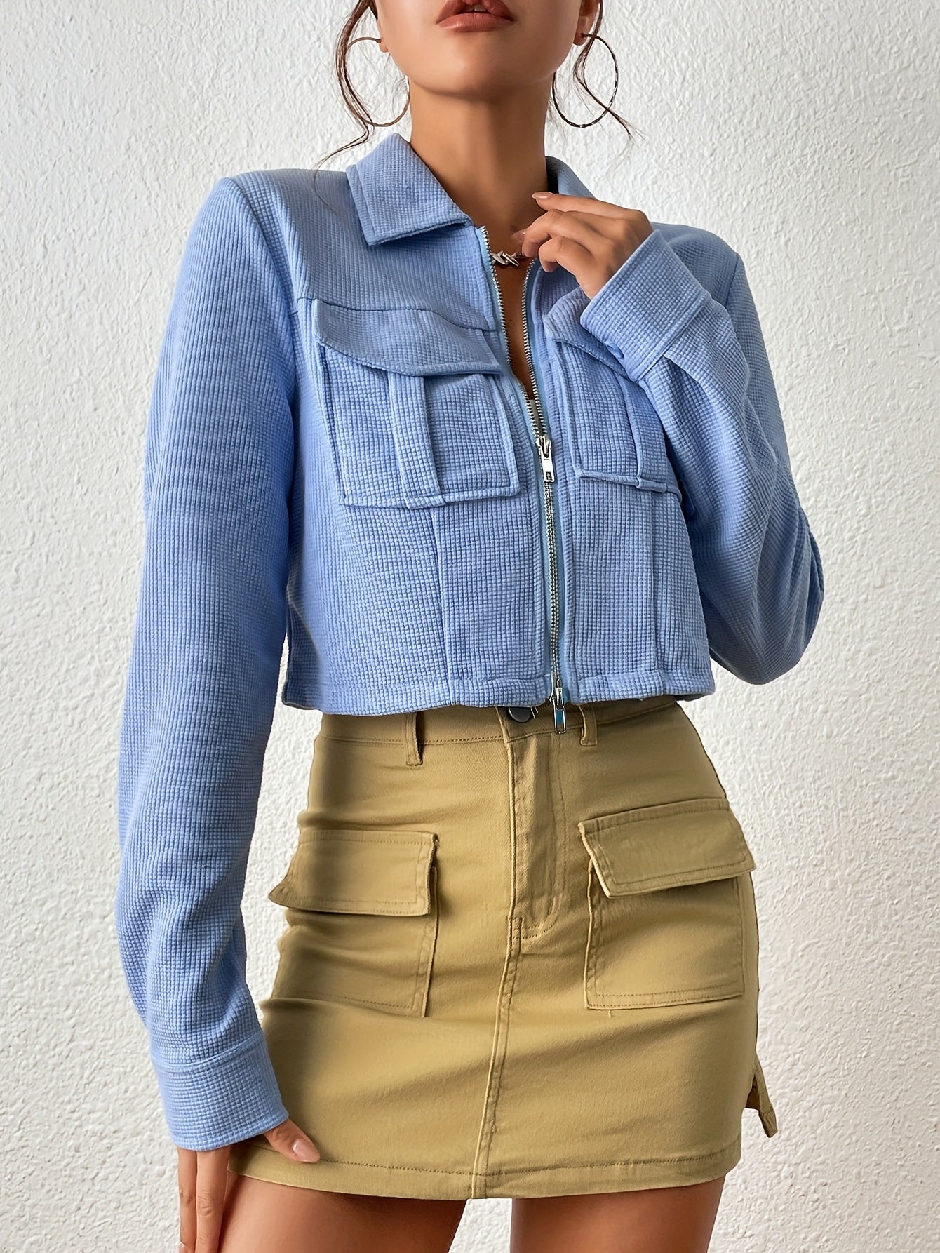 Zipper Solid Jacket Turn Down Collar Long Sleeve Outerwear
