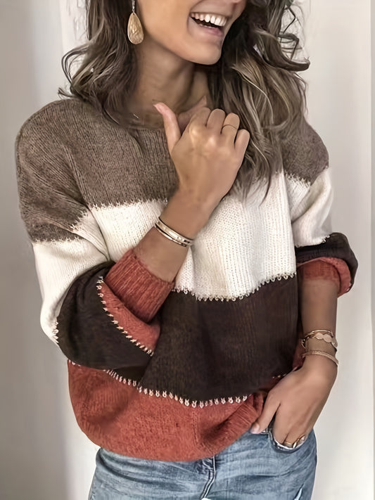  Colorblock Long Sleeve Round Neck Jumper