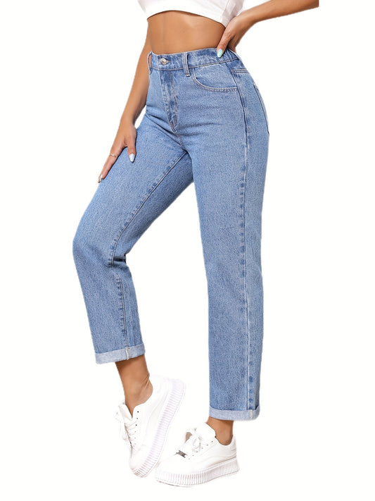 Straight Leg Elastic Waist Jeans Non Stretch Denim Pants