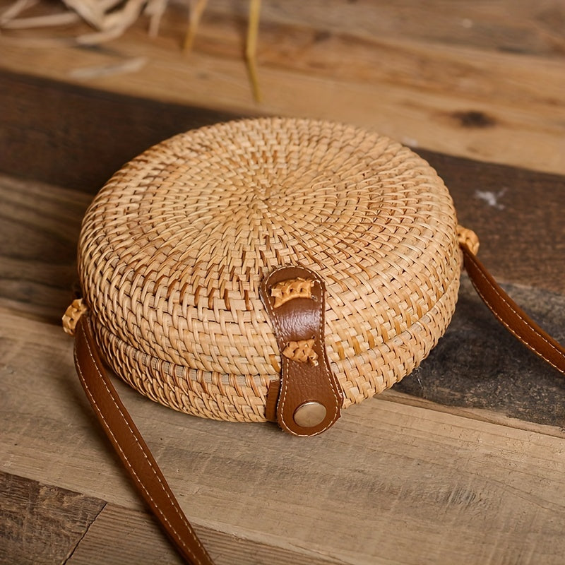 Boho Style Round Rattan Woven Bag Square Beach Straw Crossbody Purse