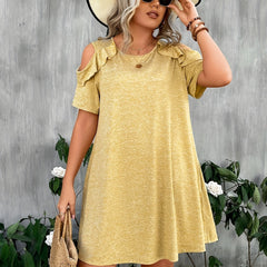 Casual Dress Women's Plus Solid Ruffle Trim Cold Shoulder Mini Dress