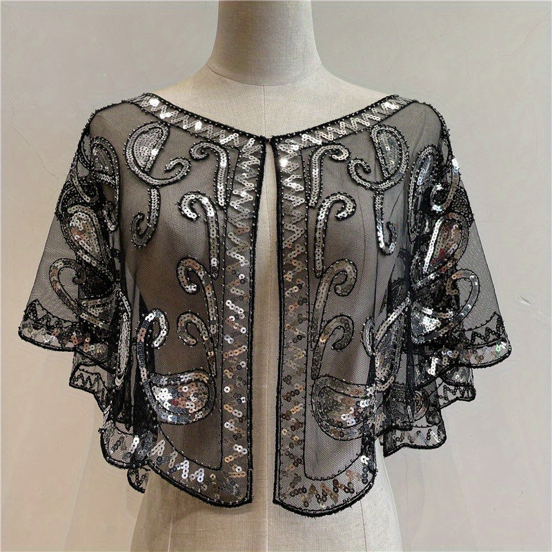 Sequin Embroidery Vintage Shawl Short Cape Mesh Cardigan Women Dress Accessories