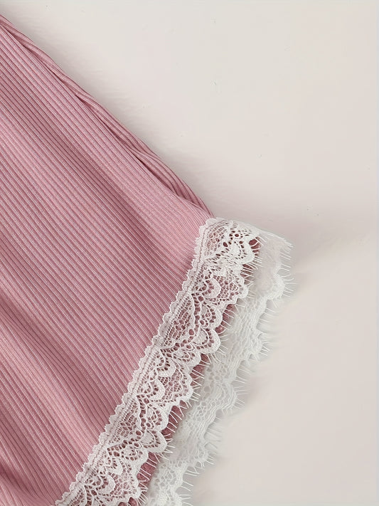 Lace Trim Lounge Set Cami Crop Top & Lace Up Shorts