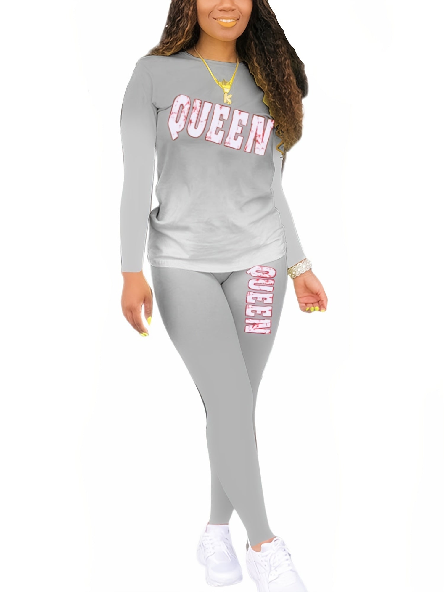  Letter Print Long Sleeve Tee & Skinny Pants Set Women's Plus