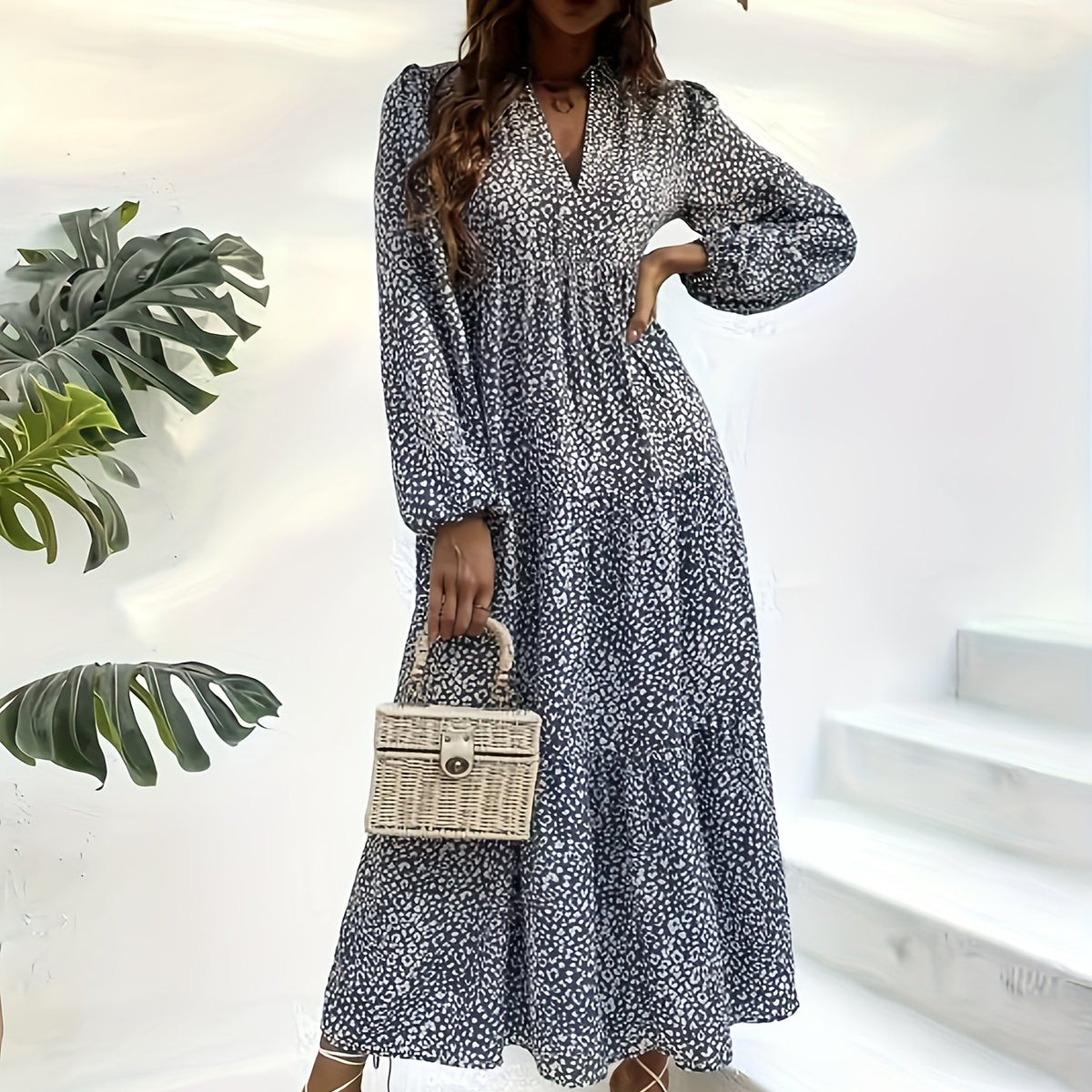 Plus Dalmatian Print Lantern Sleeve V Neck Smock Maxi Dress