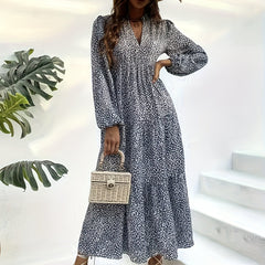 Plus Dalmatian Print Lantern Sleeve V Neck Smock Maxi Dress
