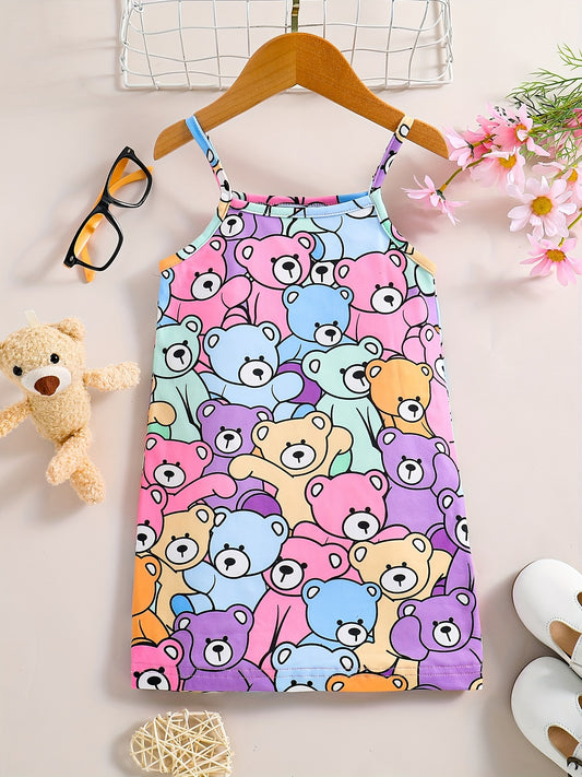 Kid Girls Bear Print Spaghetti Sun Dress Summer Clothes