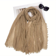 Solid Raw Trim Rushed Scarf Faux Pearl Decor Shawl Wrap