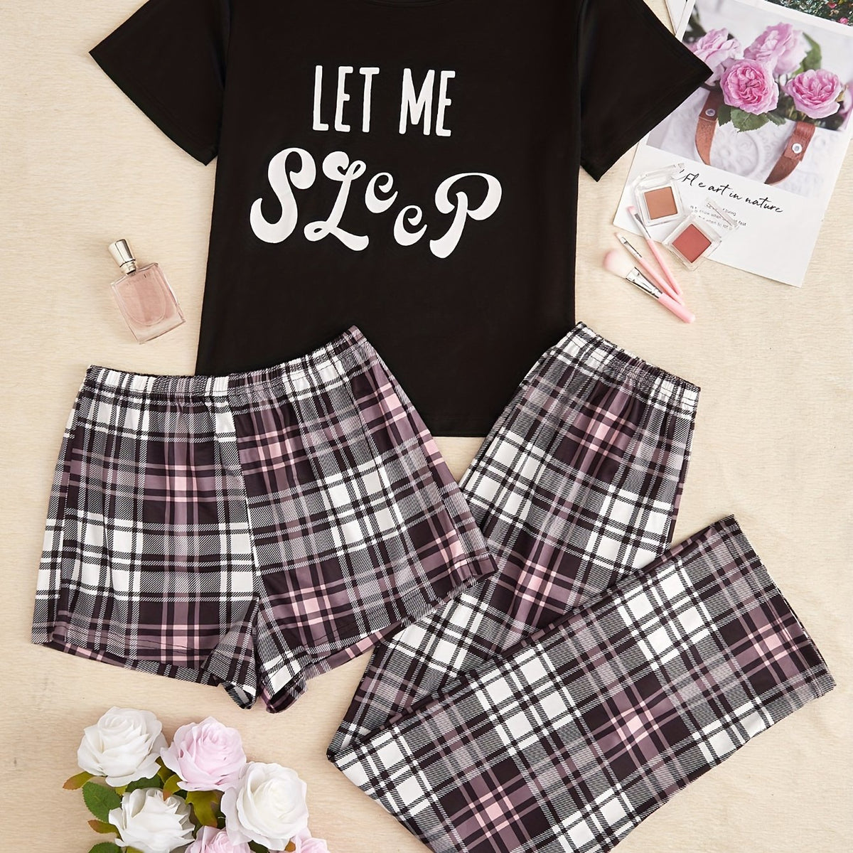 Letter & Plaid Print Pajama Set Women's Sleepwear