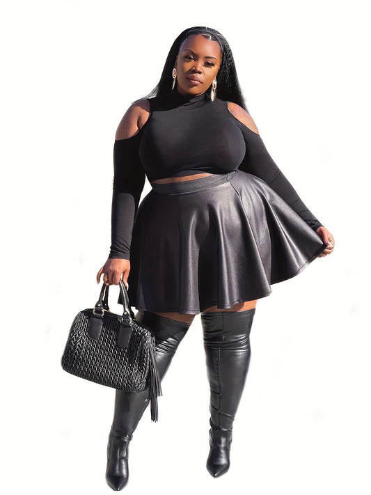  Sexy Skirt Women's Plus Solid Elastic Faux Leather High Rise A line...