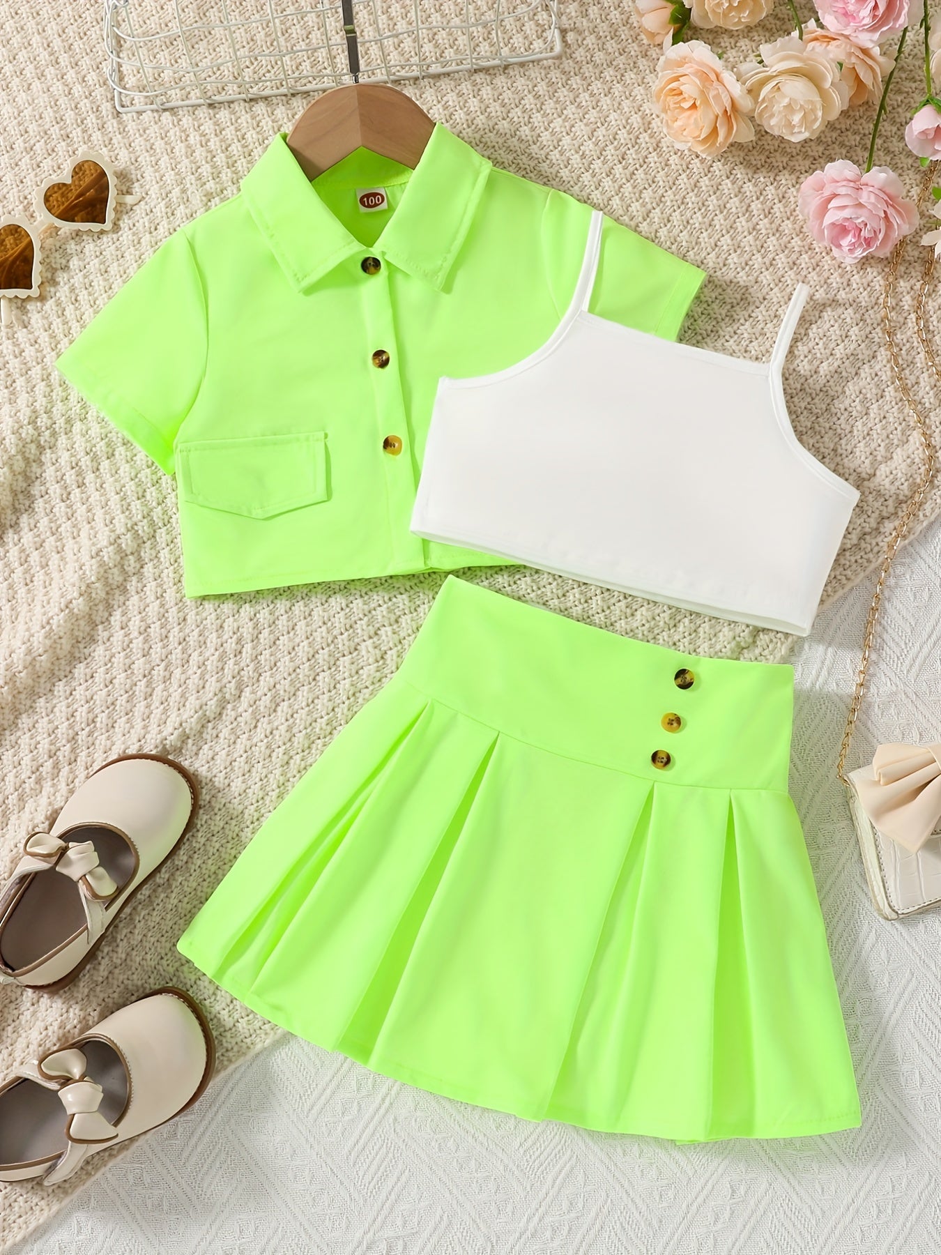 3pcs Girls Button Shirt & Pleated Skirt & Cami Crop Top Set