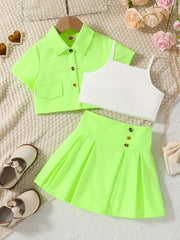 3pcs Girls Button Shirt & Pleated Skirt & Cami Crop Top Set