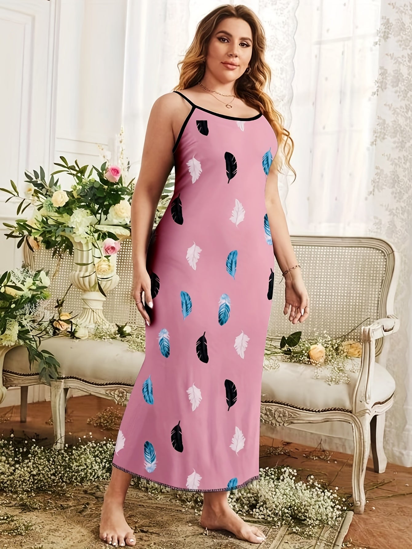 Women's Plus Feather Print Nightdress Round Neck Cami Sleep Dress