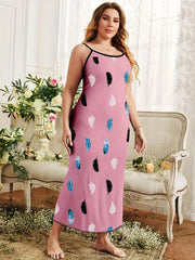 Women's Plus Feather Print Nightdress Round Neck Cami Sleep Dress