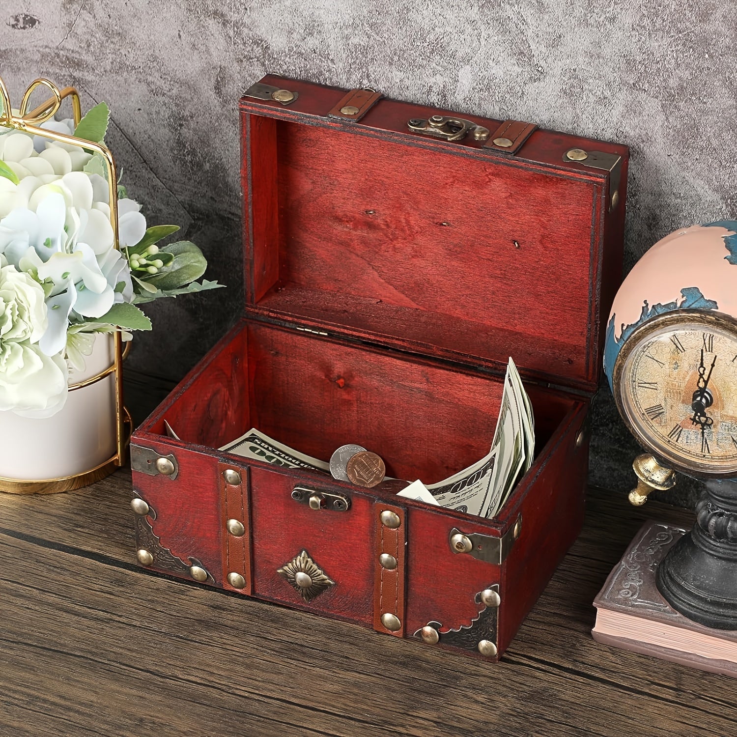 Vintage Treasure Chest Storage Box Wooden Jewelry Pirate Keepsake