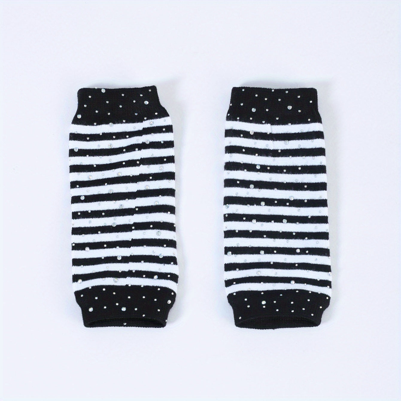 Striped Knitted Short Gloves with Rhinestone Decor