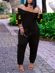  Floral Print Off Shoulder Tapered Leg Jumpsuit