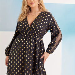  Women's Golden Dot Print Mesh Sleeve V Neck Mini Dress