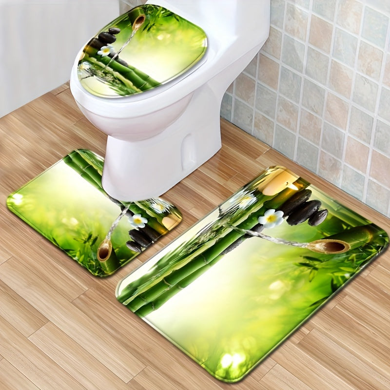 Chinese Style Shower Curtain with Hooks, Bamboo & Stone Pattern, Bathroom Decor