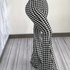  Houndstooth Print High Rise Flared Leg Trousers