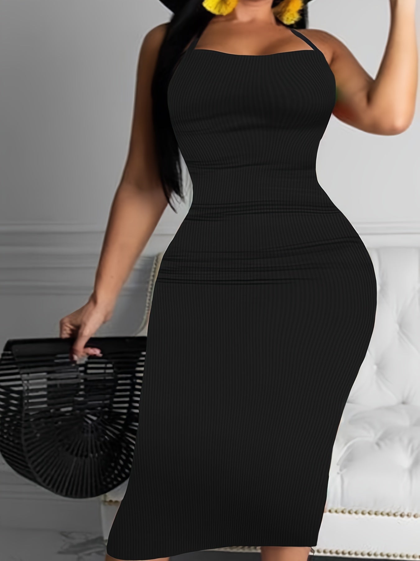  Solid Ribbed Cross Back Maxi Dress