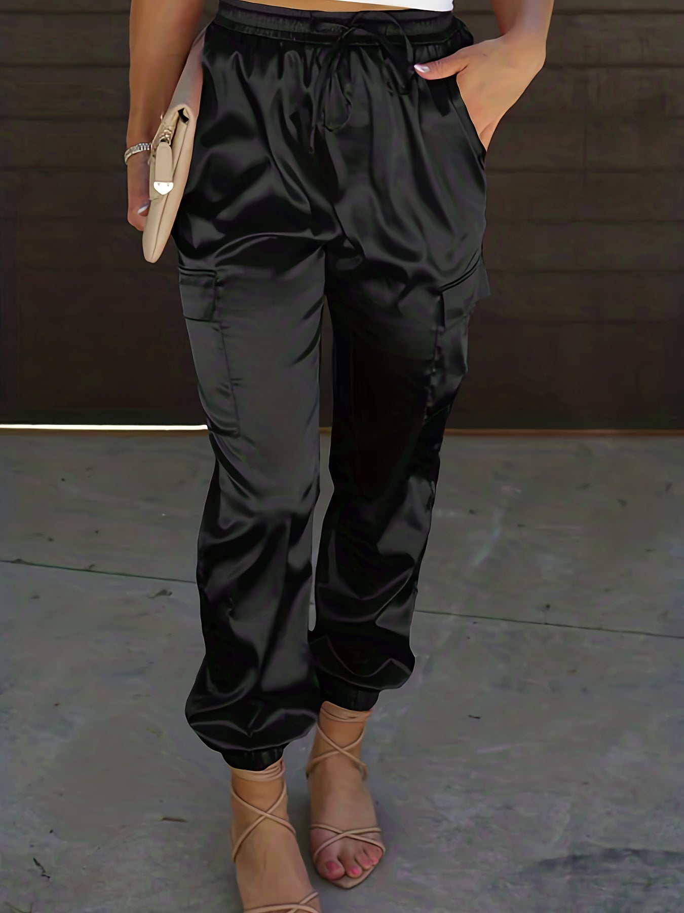Women's Plus Solid Satin Cargo Pants With Drawstring Waist