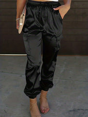 Women's Plus Solid Satin Cargo Pants With Drawstring Waist