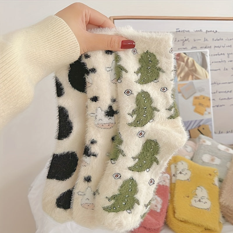 3 Pairs Cute Animal Pattern Fuzzy Socks Cozy & Warm Mid Tube Stockings