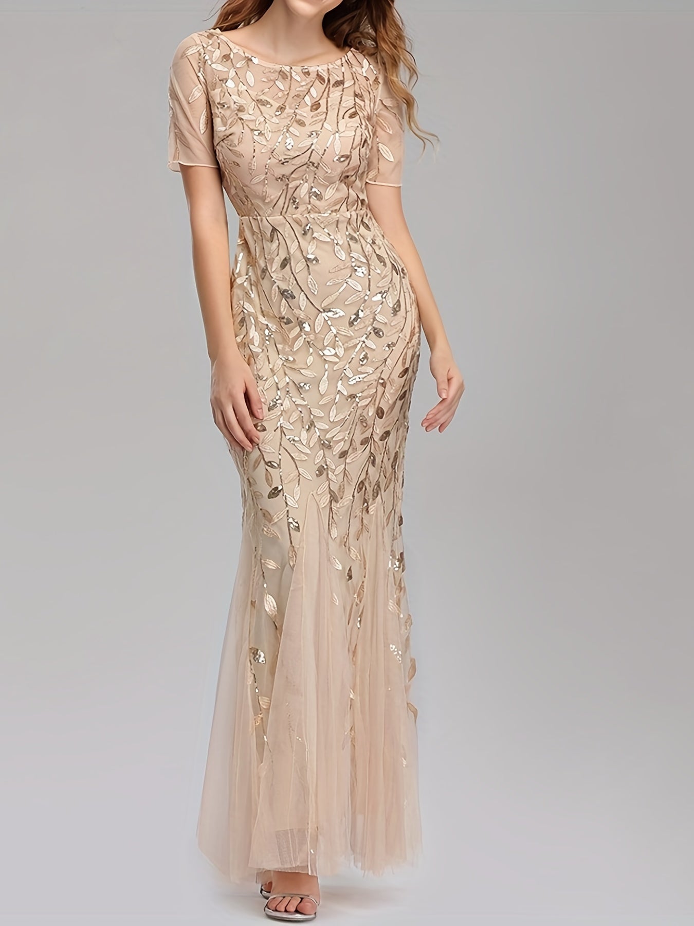 Sequined Mesh Pleated Maxi Dress for Party