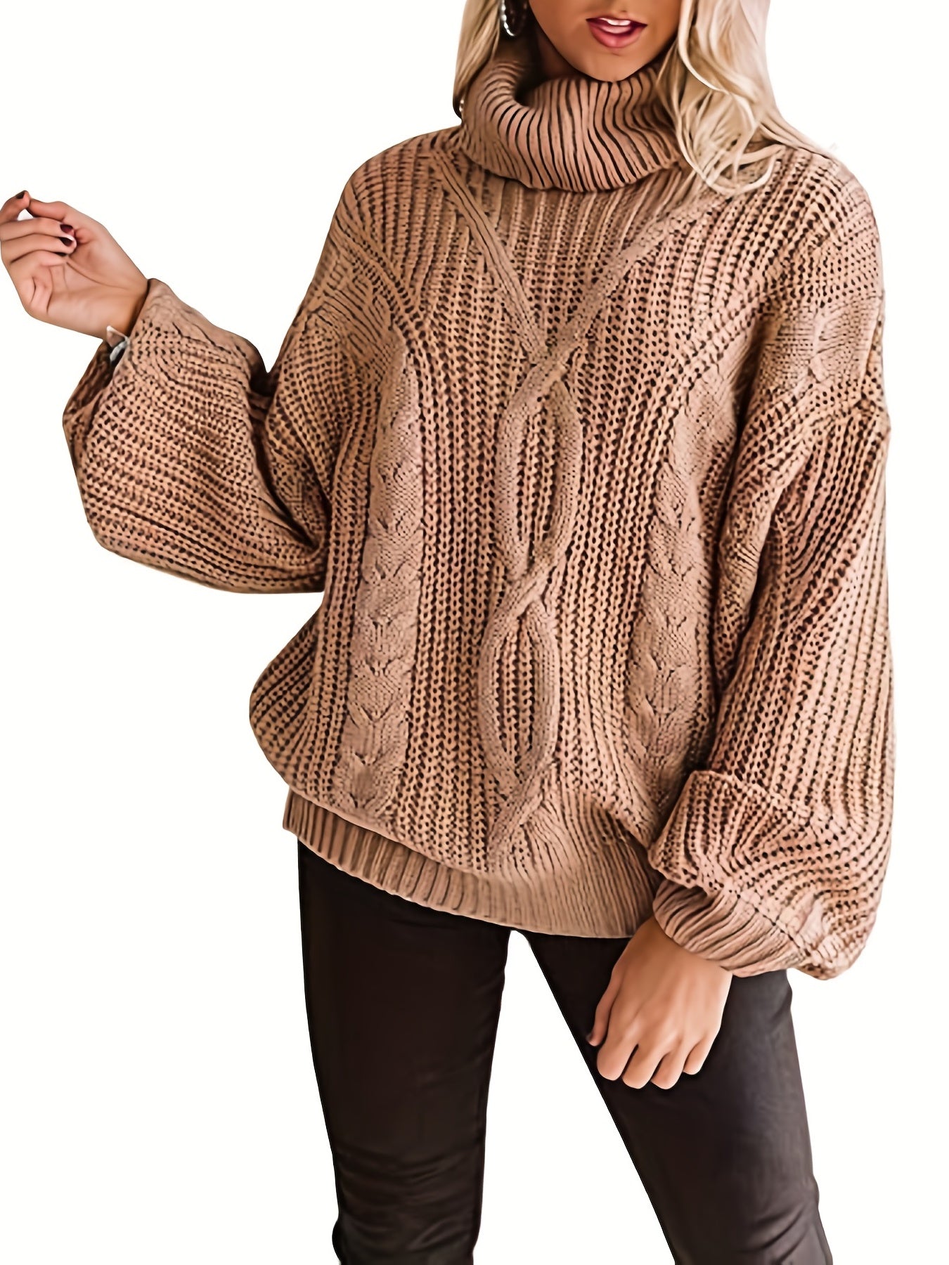  Casual Solid Lantern Sleeve Pullover Sweater