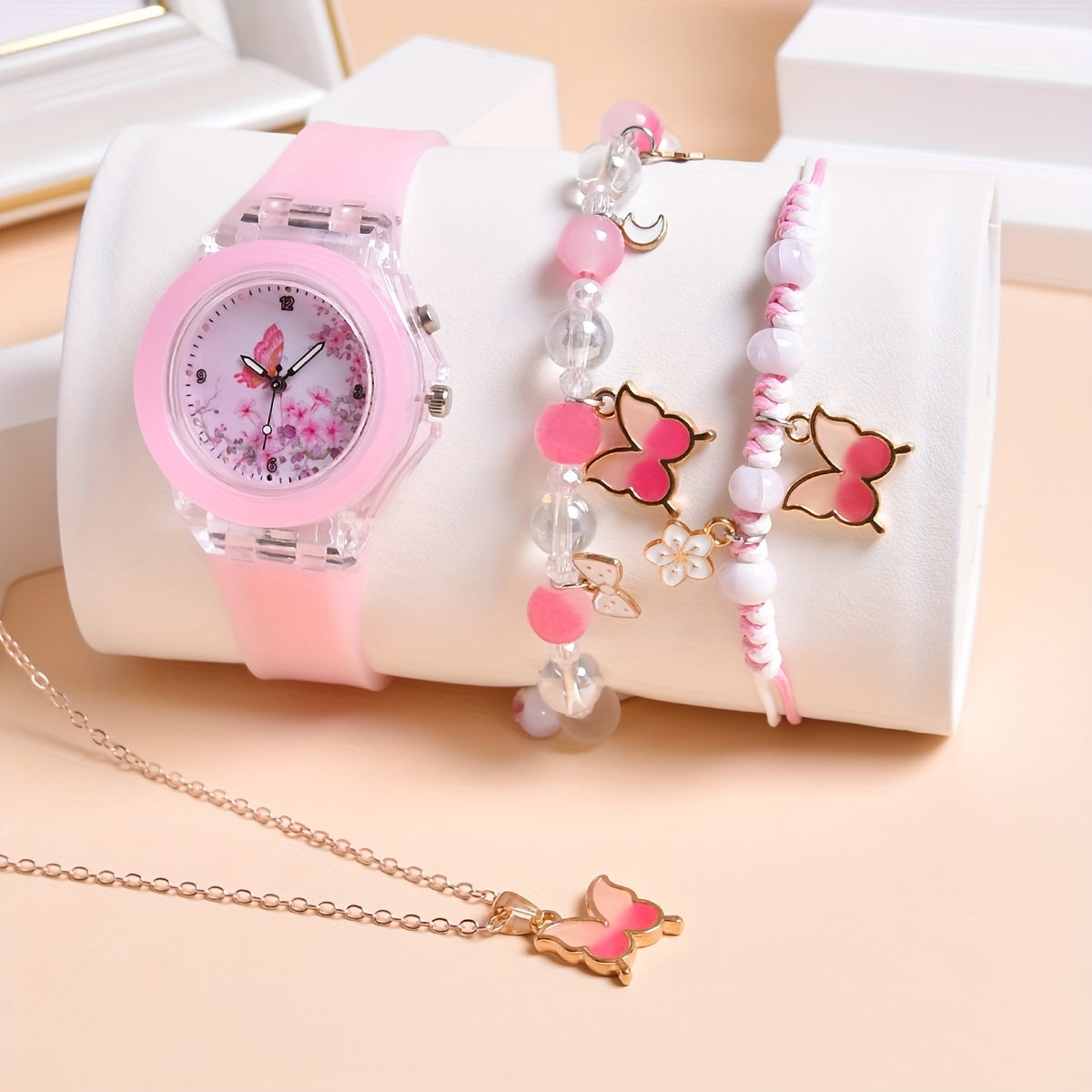 Butterfly Girl Watch Set LED Light Up Quartz Wristwatch