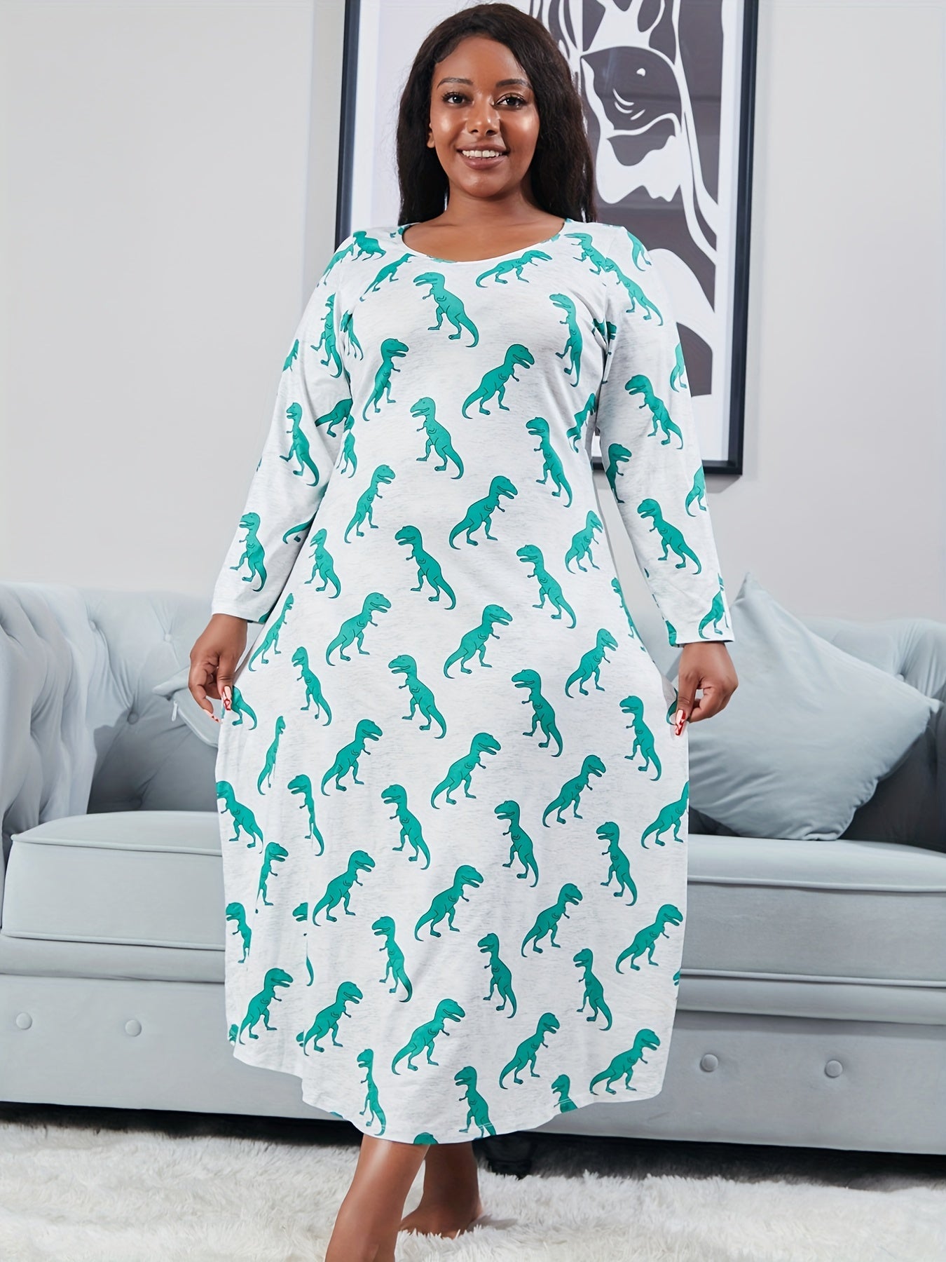  Dinosaur Print Long Sleeve Round Neck Nightdress